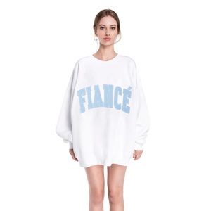 The Bar white sweatshirt with blue FIANCÉ font.